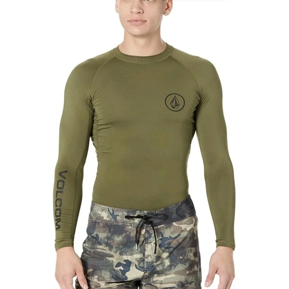 New Volcom Lido Stretch Men M Long Sleeve Rashguard Surf Swim Beach Olive UPF 50
